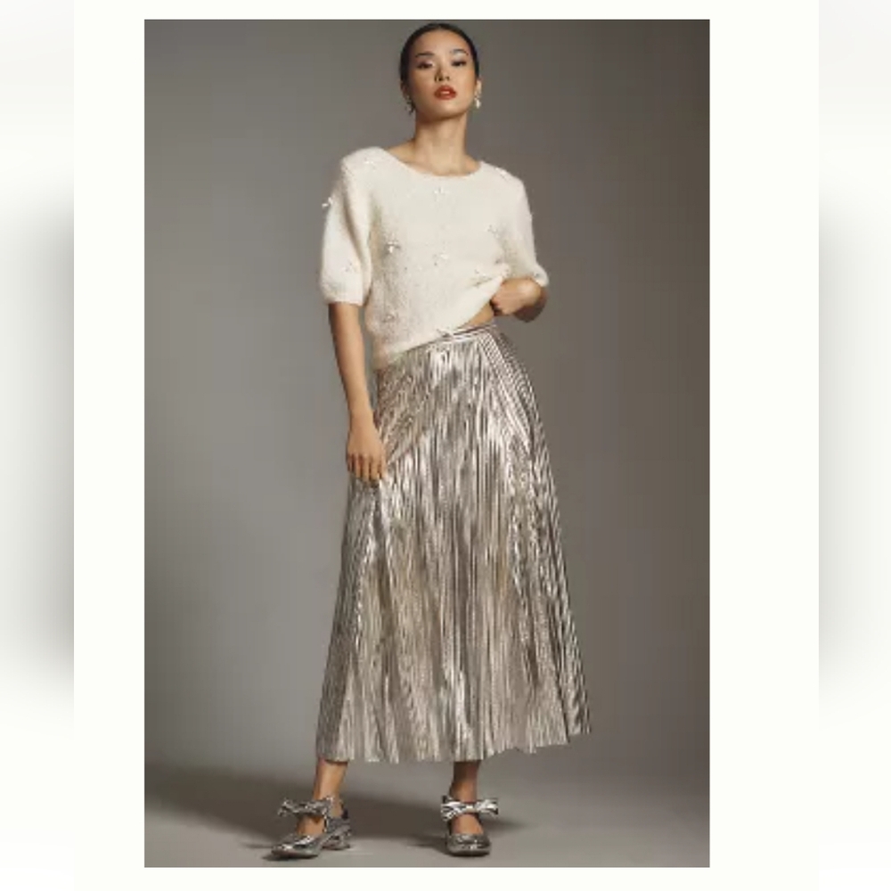 Anthropologie Metallic Pleated Midi Skirt - size Medium